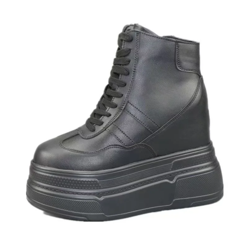 

2026 New 12cm Women Casual PU Leather Ankle Boots Spring Autumn Shoes Chunky Sneakers Winter Plush Woman Platform Wedge Shoes