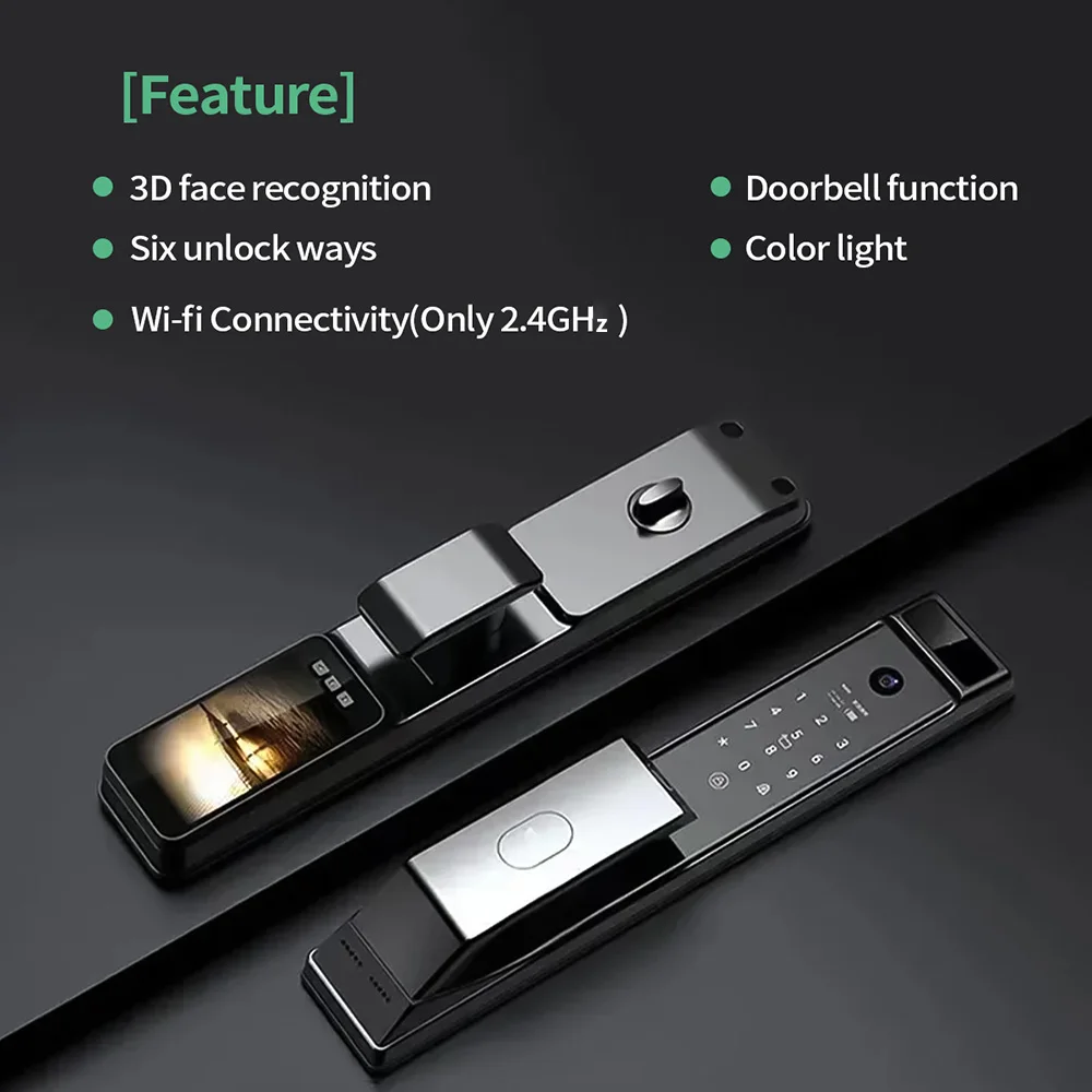 การจดจําใบหน้า 3D อัตโนมัติเต็มรูปแบบสมาร์ทไบโอเมตริกซ์ลายนิ้วมือล็อคประตู WIFI รีโมทคอนโทรลรหัสผ่าน NFC พร้อมกล้อง