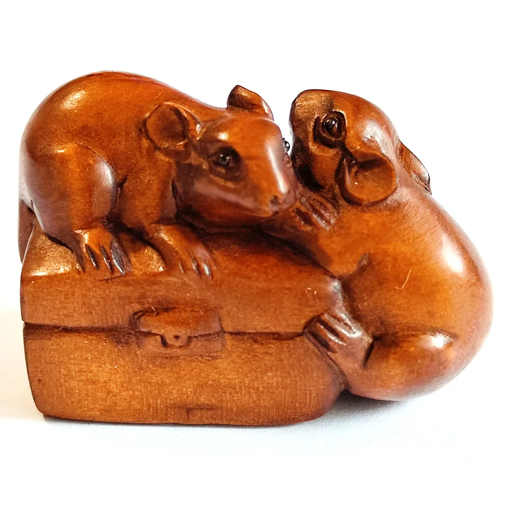 

Y8461- 2" Hand Carved Japanese Boxwood Netsuke Figurine - 2 Mice on Box