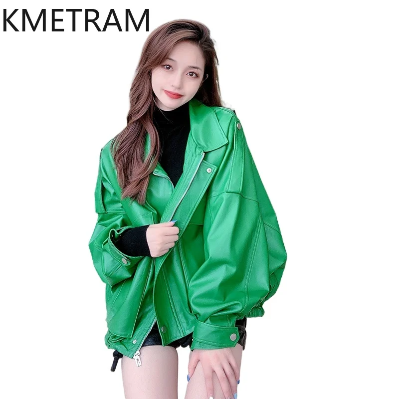 100 % obere Schicht aus Schaffelljacke für Damen, Fledermausärmel, echte Lederjacken für Damen, lose Mäntel, Herbstkleidung, 2025 Pinterбка