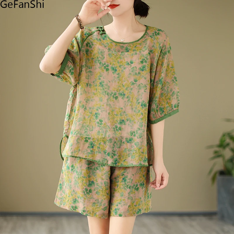 

2025 New Vintage Print Summer Casual 2 Piece Set Short Sleeve Loose T-shirt Women Tops Femme Shorts Suits Clothing