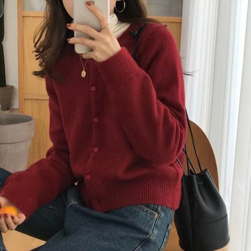 Korean Round Neck Knitted Cardigan Women Autumn Winter Simple Single Breasted Sweaters Woman Solid Color Long Sleeve Cardigans