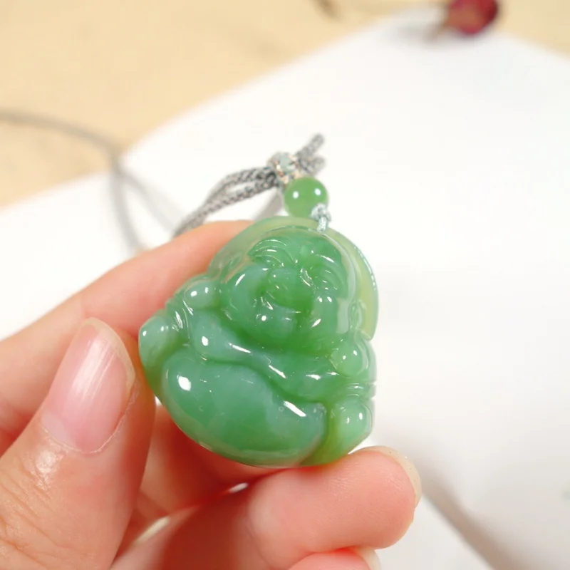 

Hetian Green old materials cat eye material smiling sub Buddha jade pendant