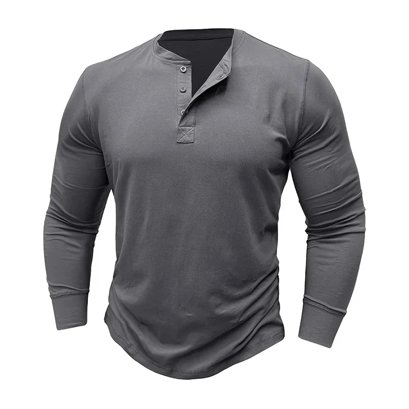 Men Long Sleeved T-shirt Cotton Slim Fit Bottoming Shirt Fitness Tops Tees Button Neck Casual Cozy T shirt