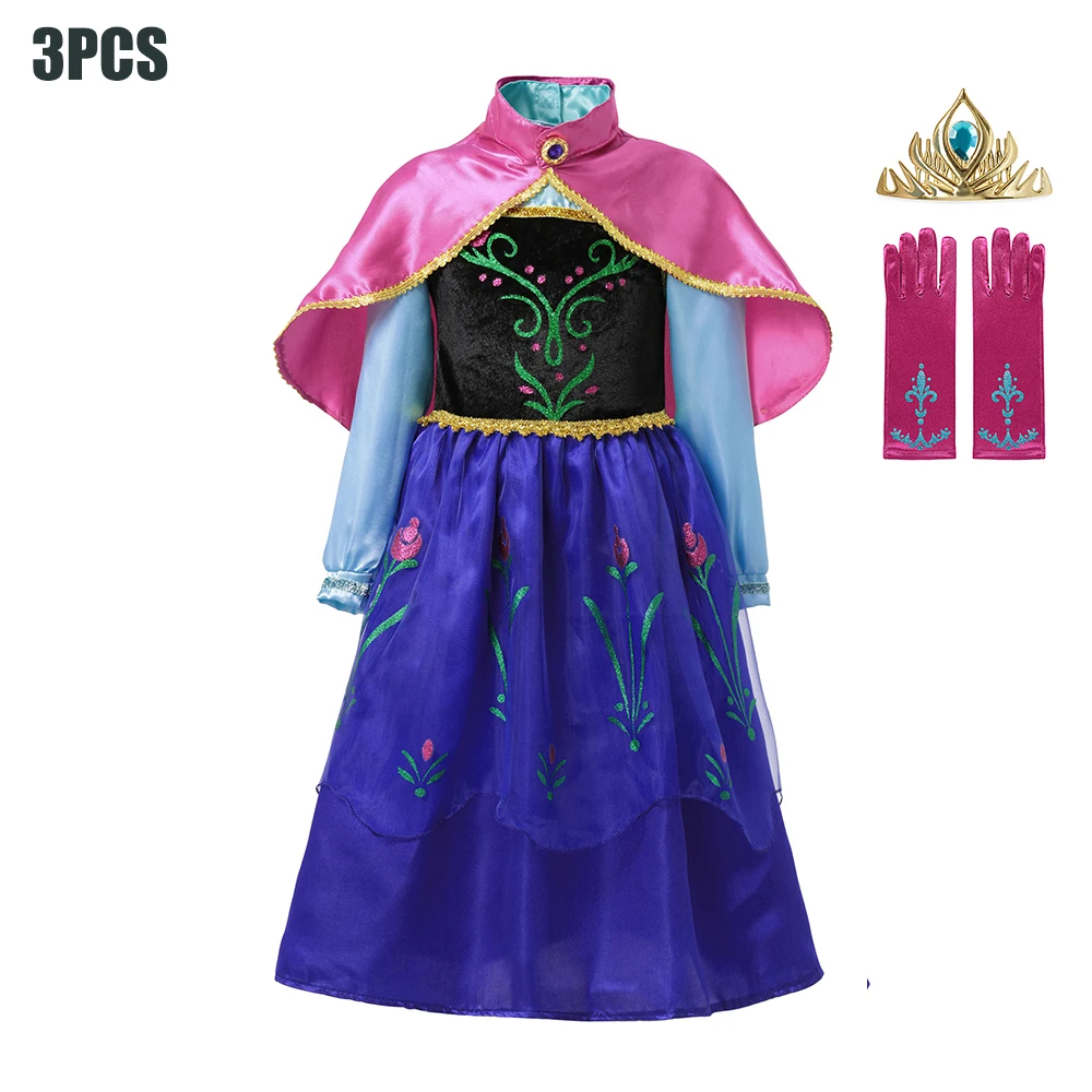 Anna Princess Costume for Kids Girls 2PCS Set with Cape Cosplay Fancy Carnival Birthday Party Dresses Children Outfits Dress