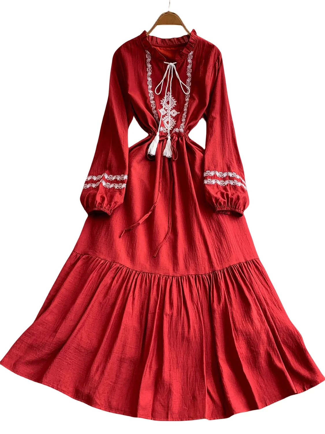 Ele المطرزة الوقوف طوق الدكتور المرأة الخريف Dstring الخصر التخسيس تنورة طويلة الفرنسية Sle عالية الخصر ألف خط الدكتور