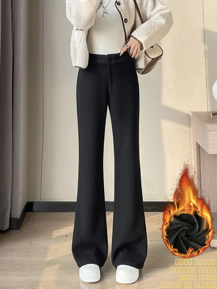 

Модные черные расклешенные брюки с высокой талией для женщин, повседневные, на флисовой подкладке, струящиеся, осенне-зимние, удобные, свободного кроя