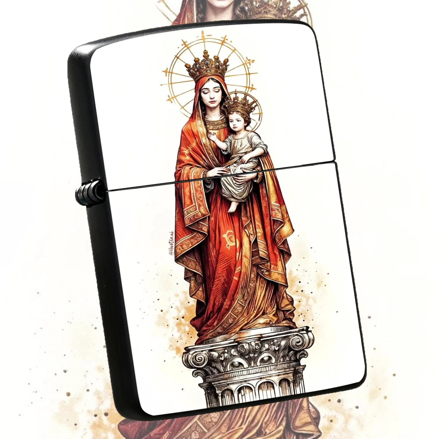 Vintage With Our Lady And Child Jesus Art Print, Gilded Holy Virgin Infant Christ Pattern Durable Housing Windproof Portable, Durable Art Collectible Religious Gift For Believers Daily Use Display A Fun And Humorous Lighter
