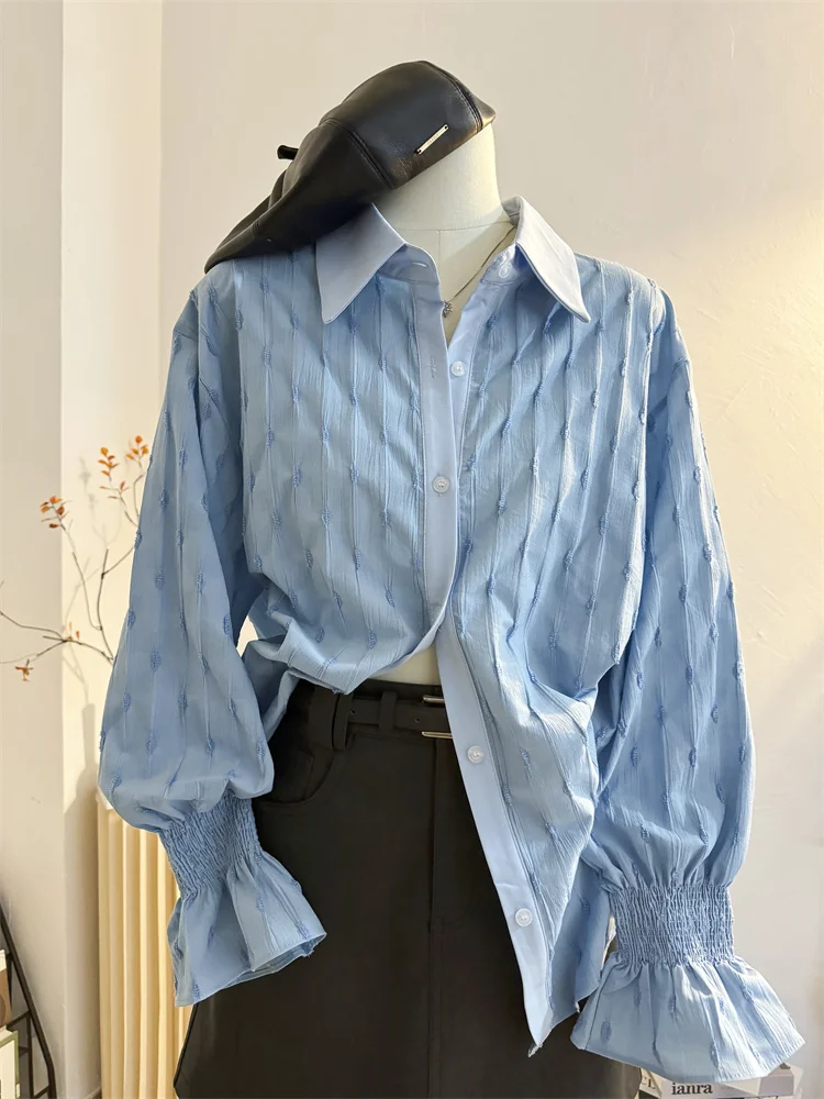 

French Elegant Shirts Turn Down Collar Flare Sleeve Embroidery Spring Autumn Blouses Design All Match Tops 2025 Women's Clothing
