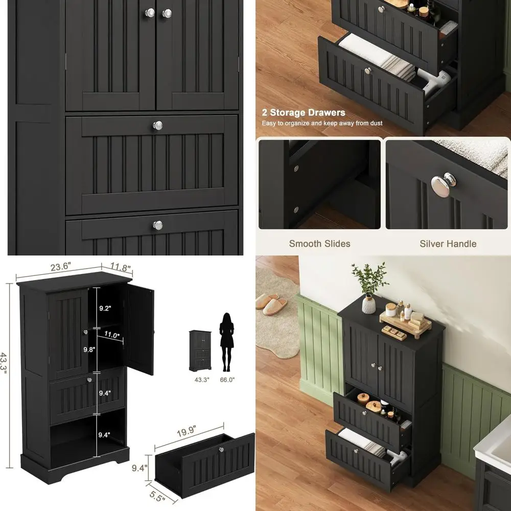 

Отдельно стоящий черный шкаф для хранения с ящиками и регулируемой полкой для ванной комнаты и кухни