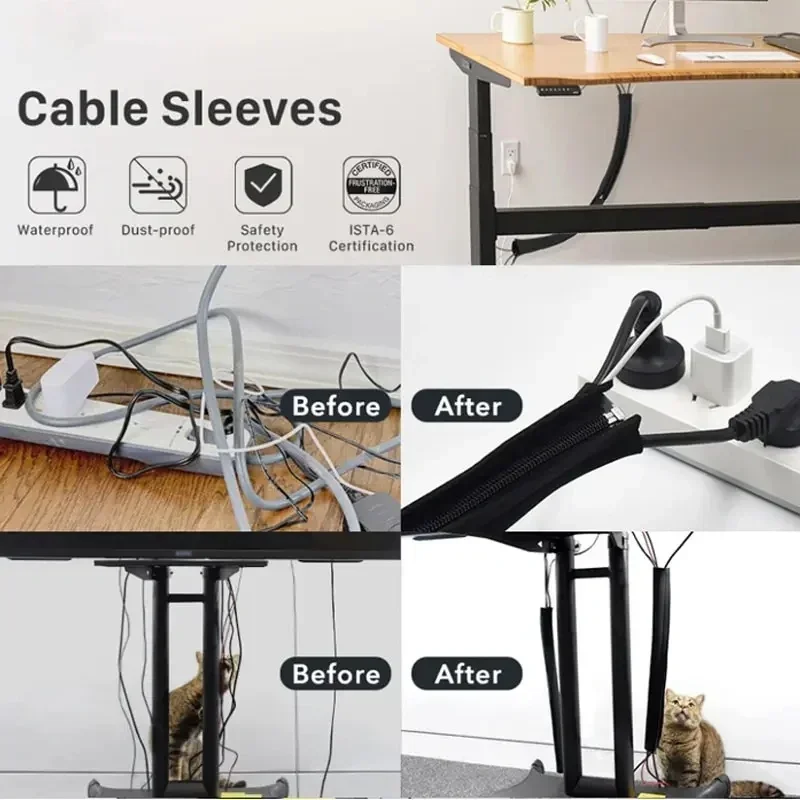 Universal Cable Management Sleeve Cord Organizer with Zipper Flexible Cable Sleeve Wrap Cover Wire Winder for Home Office