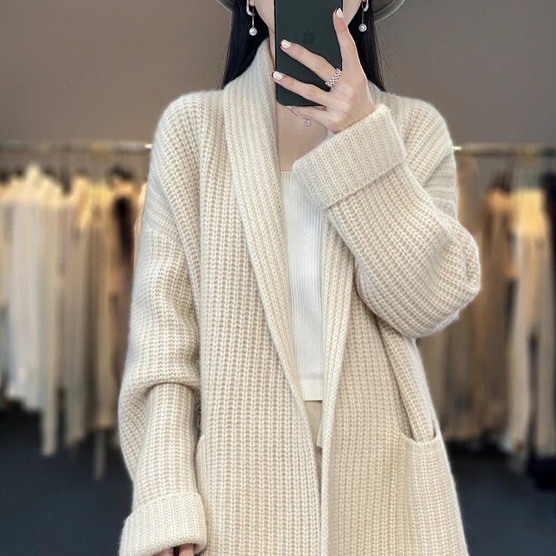 Autunno/inverno nuova moda Cashmere lungo scollo a v maglione giacca donna con tasca allentato Joker manica lunga Cardigan lavorato a maglia di lana