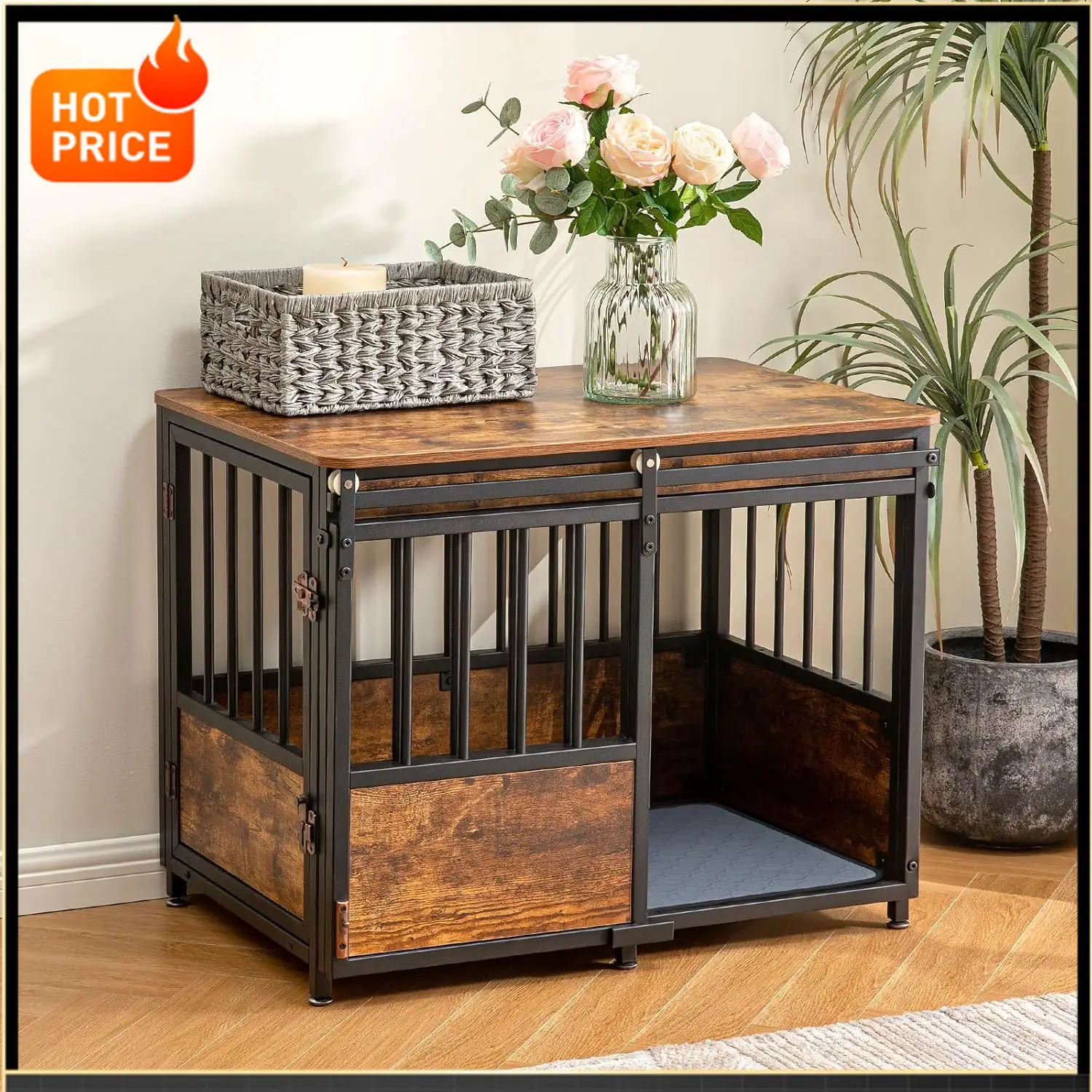 

Bestseller32 Inch Dog Crate Furniture with Cushion for Large Medium Dogs, Wooden Heavy Duty Dog Kennel with Double Doors, Decora