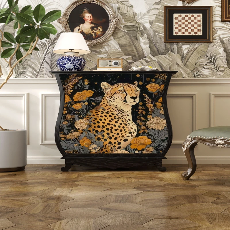 

Against the wall, solid wood entry, porch cabinet for storage, four chest cabinets