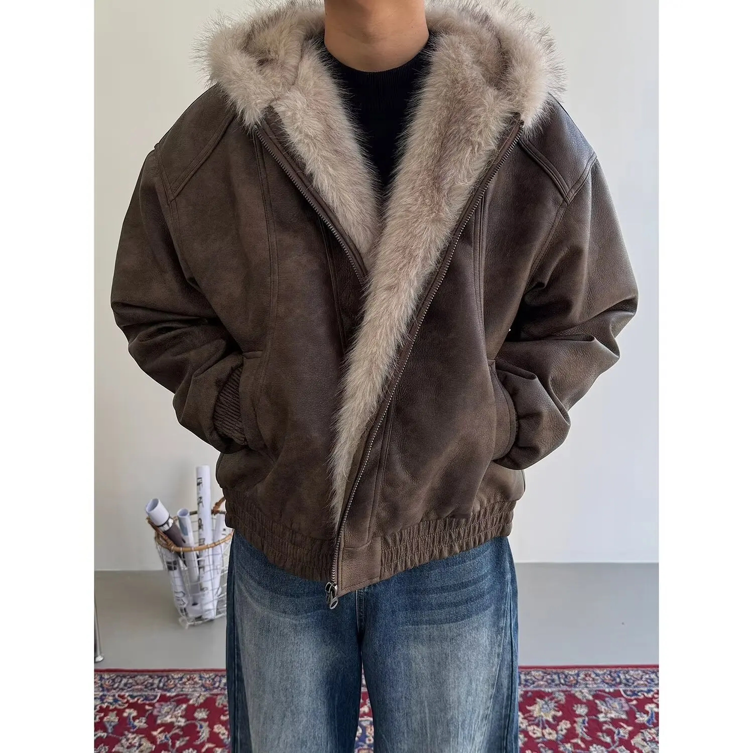 

American retro fur collar, mountain carved cotton jacket, men's new autumn and winter heavyweight fur integrated jacket