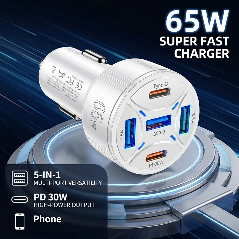 65W Fast Car Charger 5-Port Multi USB C Auto Adapter PD30W QC3.0 Wide Voltage 12V-30V Fits Family Cars For iPhone 17 16 Pro Max