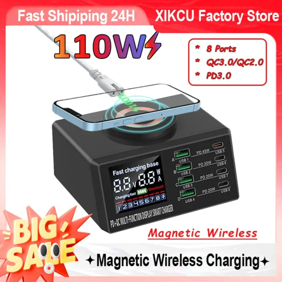 

110W Magnetic Wireless Charging USB Type C Charge PD3.1 QC3.0 PPS Desktop Fast Quick Chargers for MacBook iPhone Samsung Laptop