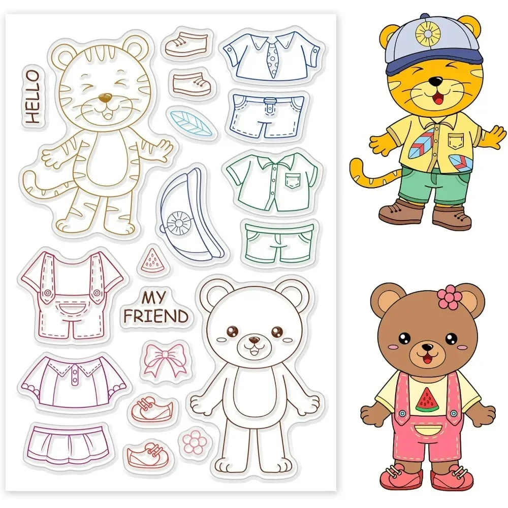 1Sheet Animal Dressup Clear Stamp Bears and Skirts Transparent Silicone Stamp Pants Stamp for Scrapbook Journal Card Making