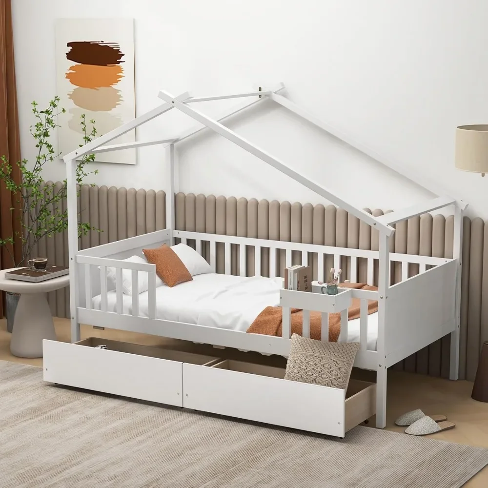 , Struttura del letto per bambini in legno con binari per tetto e recinzione, letto per tenda con testiera e pediera nessuna molla della scatola necessaria struttura del letto matrimoniale