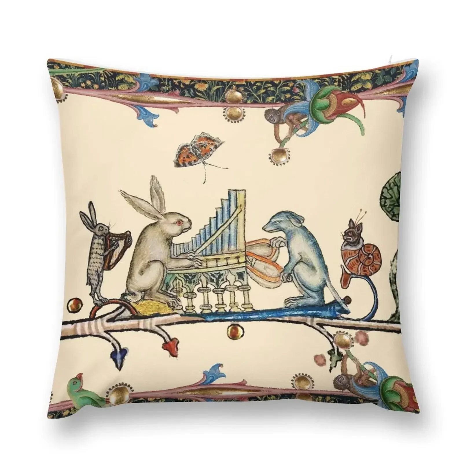 

WEIRD MEDIEVAL BESTIARY MAKING MUSIC,White Rabbit And Dog Playing Organ,Harpist Hare,Snail Cat Throw Pillow Cushion Cover pillow