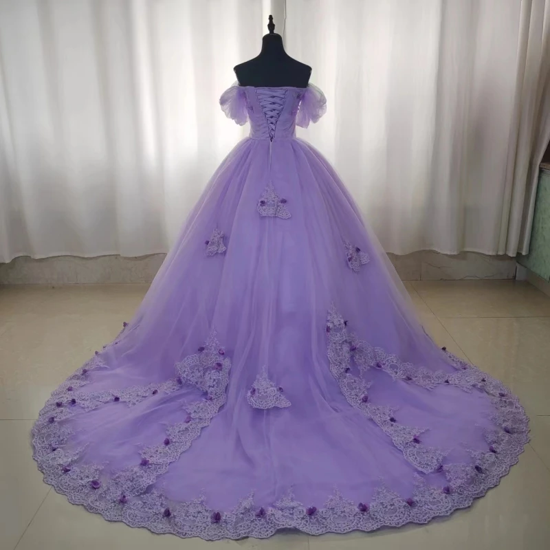 New Style Luxury Appliques 3D Flowers Ball Gown Purple Quinceanera Dresses Sweet Party Vestidos 15 Anos Vintage with long Train