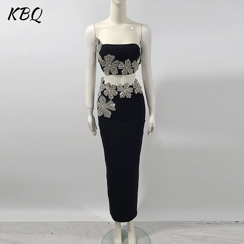 

KBQ Slim Solid Two Piece Sets for Women Strapless Sleeveless Short Top High Waist Long Skirt Sexy Spliced Appliqued Set Female