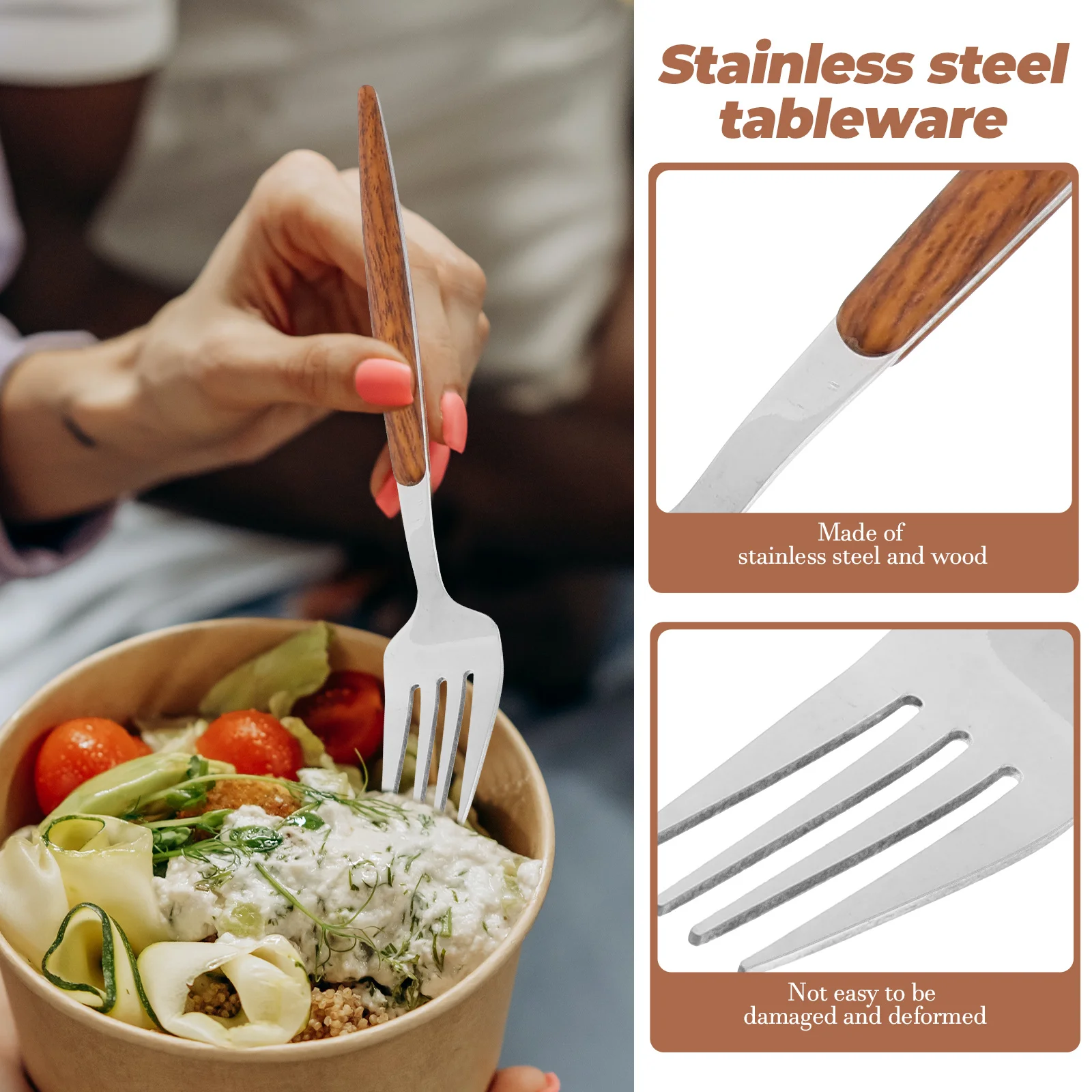 5 ชิ้นมีดช้อนส้อมชุดสแตนเลสสตีลไม้ Handle ช้อนส้อมบนโต๊ะอาหาร Flatware สไตล์นอร์ดิกเพื่อสุขภาพ