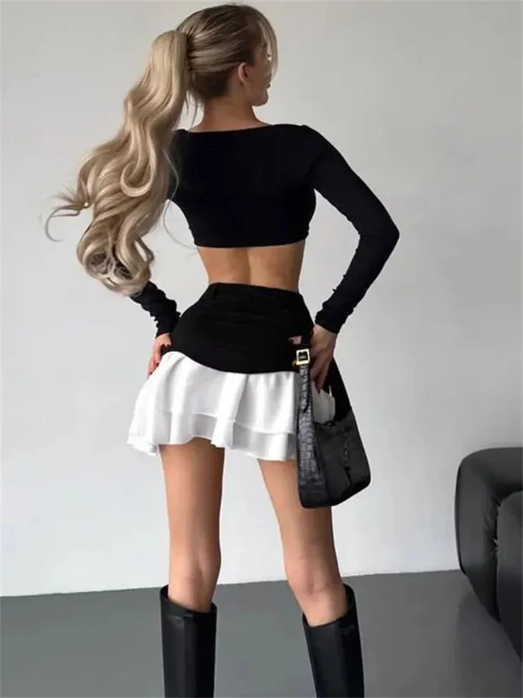 Summer Ruffled Fashion Skirt For Women High Waist Patchwork Pocket Contrast Y2k Pleated Skirts Female Casual Mini Skirt