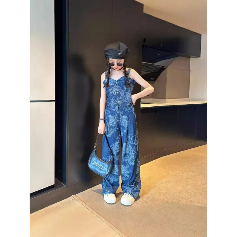 Hnq-Girls Suit Summer New National Fashion Denim Camisole+Wide Leg Pants2Set Children One Piece Dropshipping