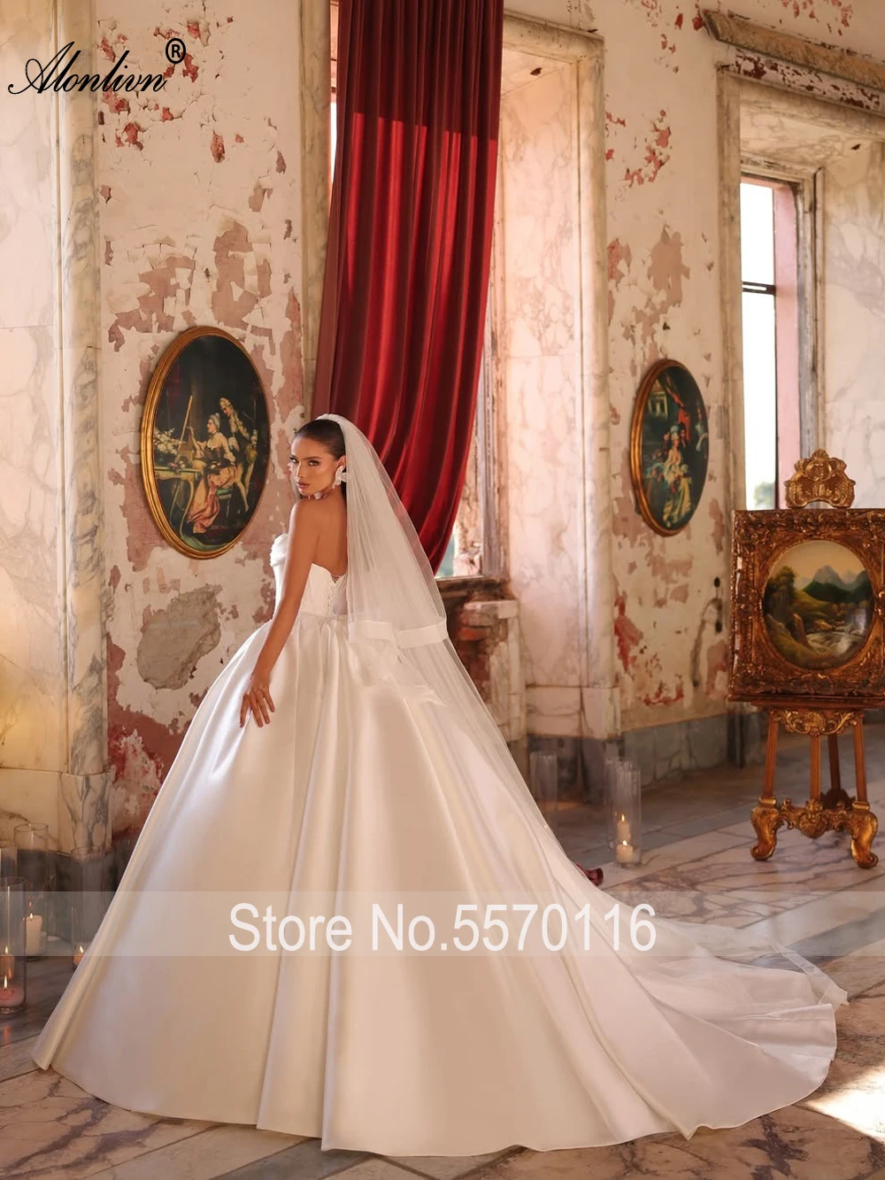 Alonlivn مخصص حساسة مطرز اللؤلؤ الكرة ثوب الزفاف قبالة الكتف أكمام قارب الرقبة أثواب الزفاف