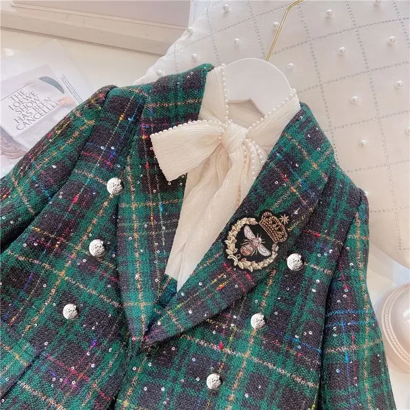 Girls Fashionable Plaid Casual Set 20224 Spring New Academy Style Girls Small Suit Two Piece Set Children Fashion