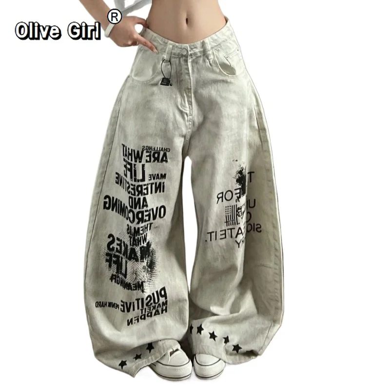 Olivegirl Women's Denim Jeans American Washed Letter Painted Graffiti Pants Wide Leg Jeans Trousers Summer Loose Long Pants