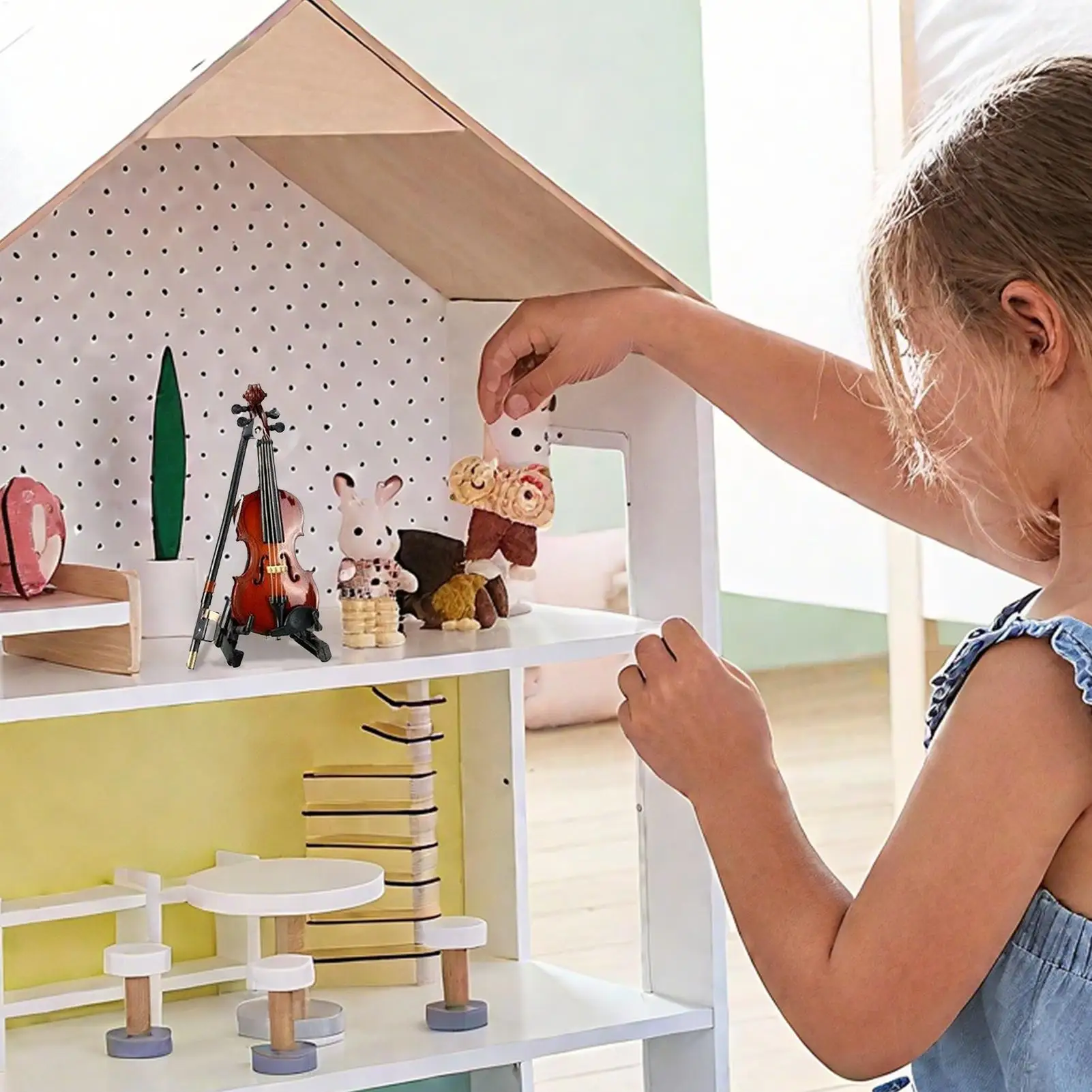 Playable Tiny Violin 5 Inch Doll House Decoration Miniature Instrument Model For Desk Bedside Bookcase Children Bookshelf