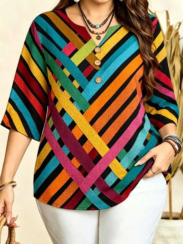Plus Size Women Striped Blouse Notch V Neck 3/4 Sleeve Three Front Buttons Loose Lightweight Casual Daily Vacation Top