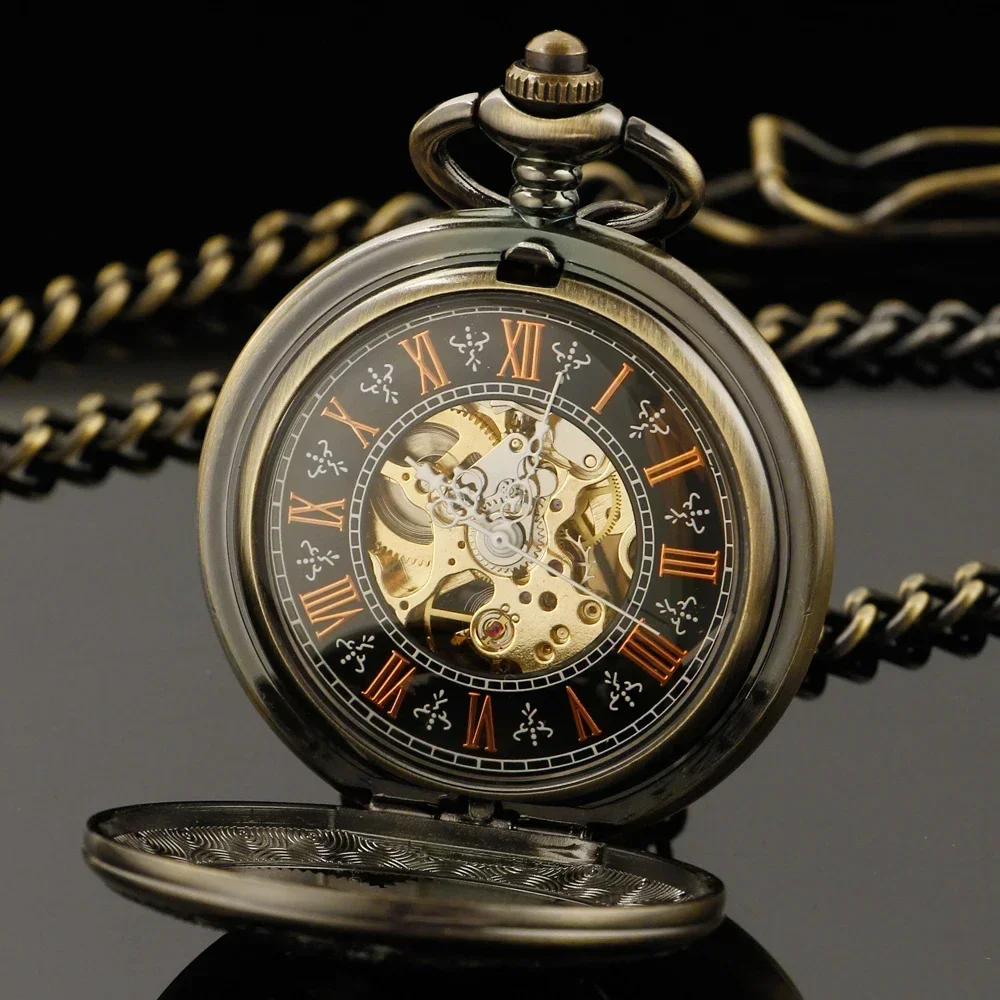 Steampunk Copper Vintage Gear Design Hollow Mechanical Watch Pocket Watch Men Women Necklace Pendant Chain Clock PJX1743