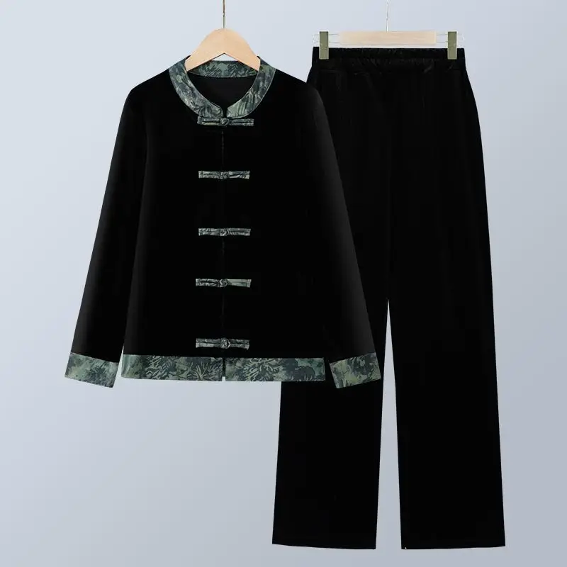 Women Traditional Frog Button Velvet Two Piece Set Stand Collar Coat And Pants For Middle Aged Elderly Daily Outfit
