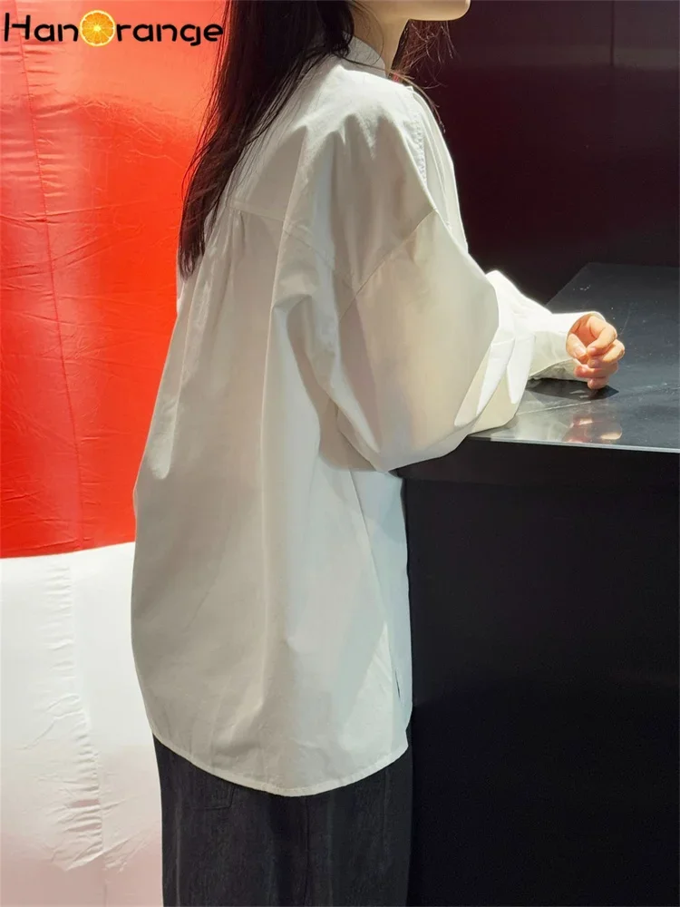 HanOrange 2025 Early Spring Fashion Age Reducing O-neck Lantern Sleeve Shirt Women Loose Silhouette Casual Top White/Pink
