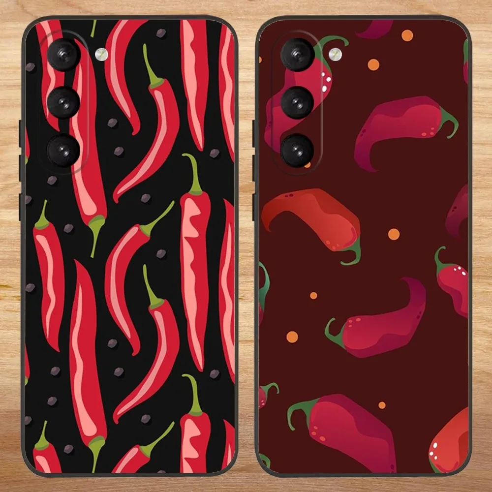 Spicy Chili Pepper Phone Case For Samsung S23,23,22,30,21,10,9,Note20 Ultra,Lite,Ultra,5G,Plus,FE,Black Soft Case