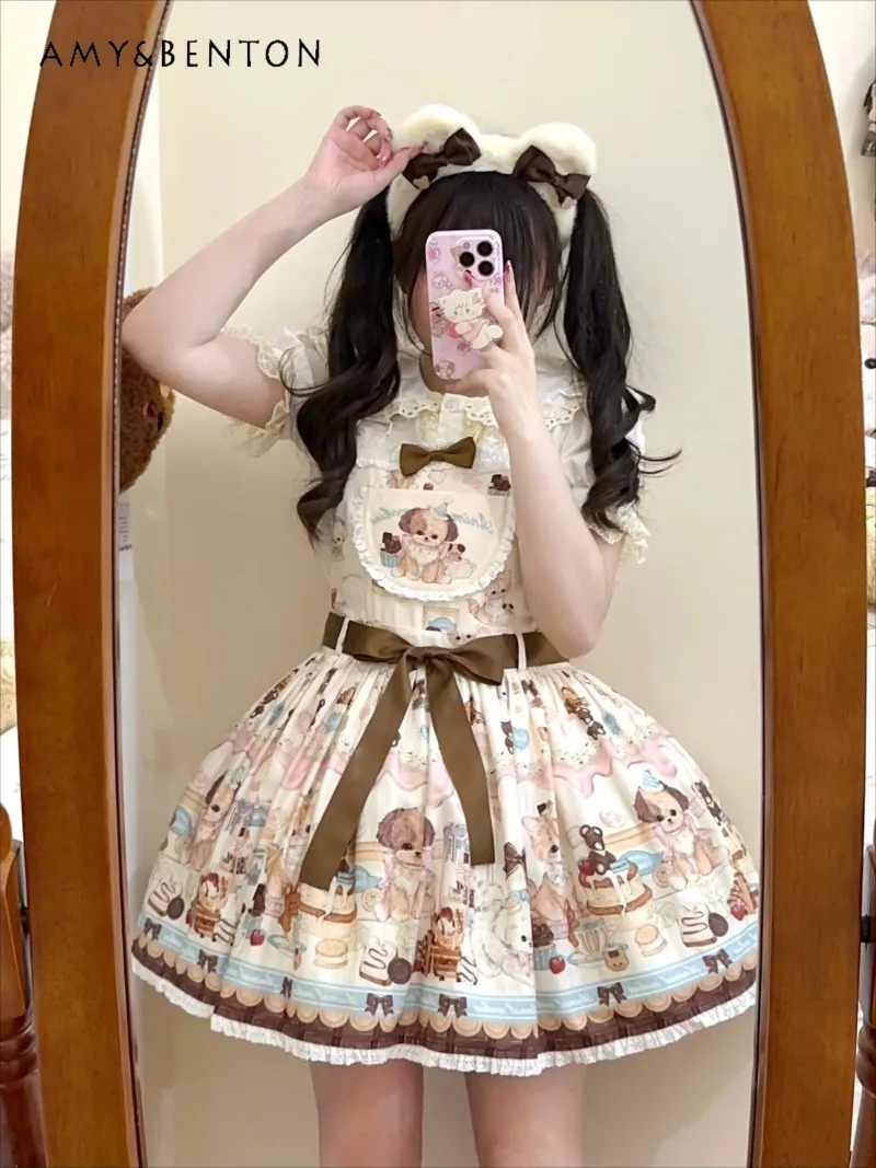 

Повседневное милое платье на бретелях в стиле Лолиты с мультяшным принтом, милое кружевное платье с квадратным вырезом и бантом, тонкое бальное платье, платье на день рождения для женщин