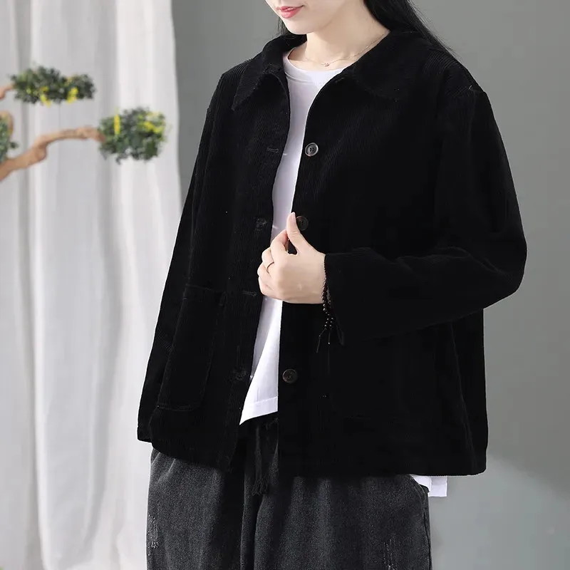 Cotton Corduroy Jacket Short Women\'s Tops Coat New 2022 Spring Autumn Loose Pocket Korean Version Casual Jacket Female Outerwear