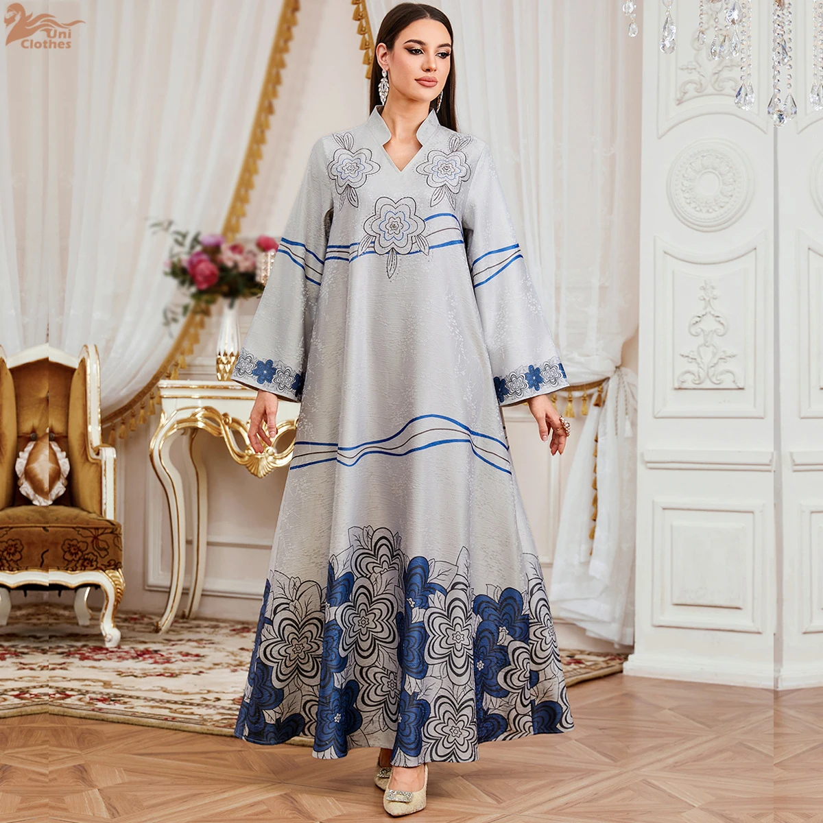 

Uni мусульманское новое платье с цветочным принтом, стильные абайи для женщин, длинные кафтаны, украшенные стразами