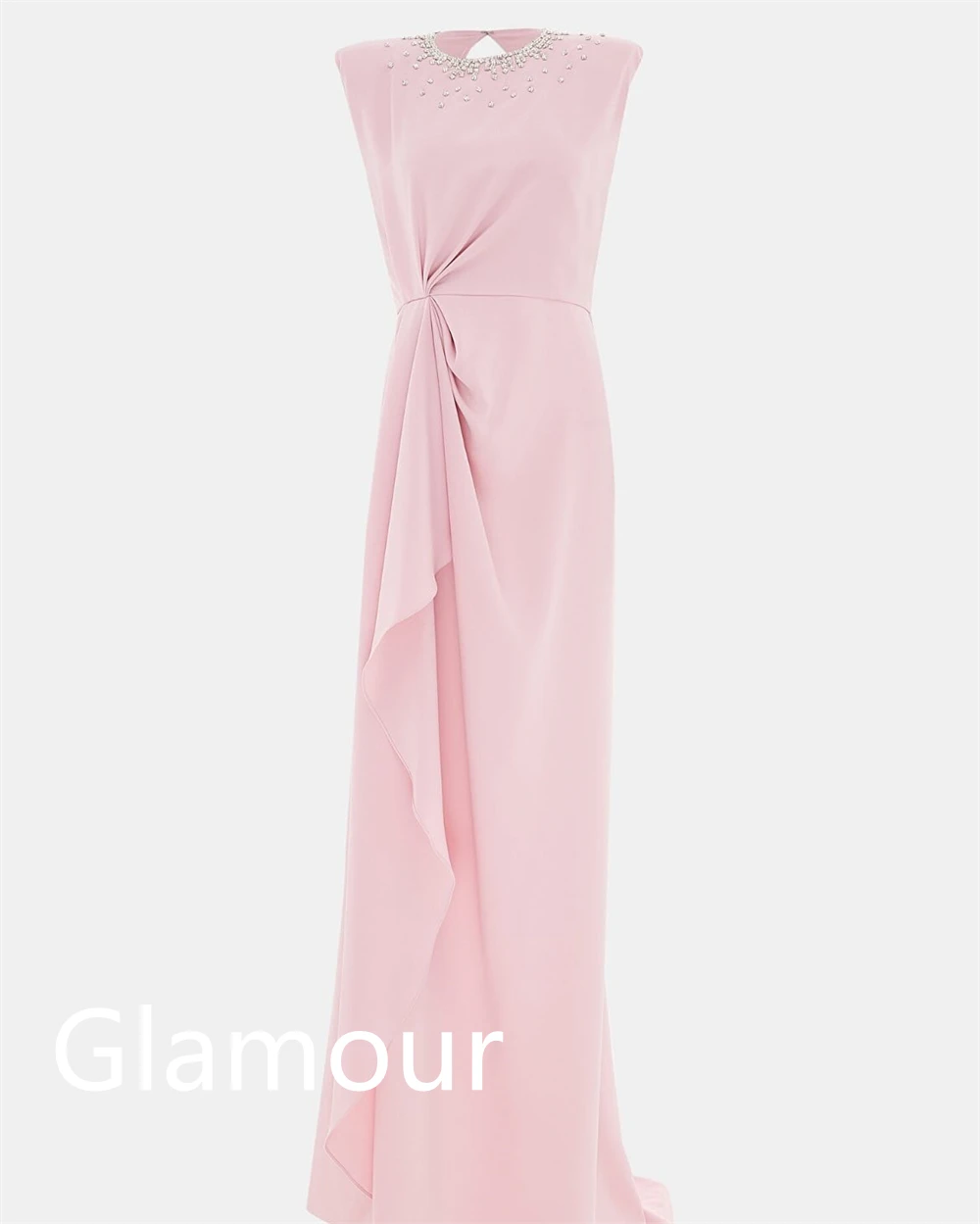 Customized Exquisite Pink Jersey Evening Dress Temperament Crew Neck Cap Sleeve Sleeveless Crystal Bespoke Occasion G