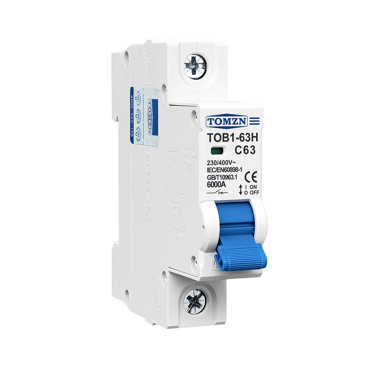 TOMZN 1P AC MCB TOB1-63H C type AC 230/400V~ 50/60Hz Mini Circuit Breaker 3A 6A 10A 16A 20A 25A 32A 40A 50A 63A