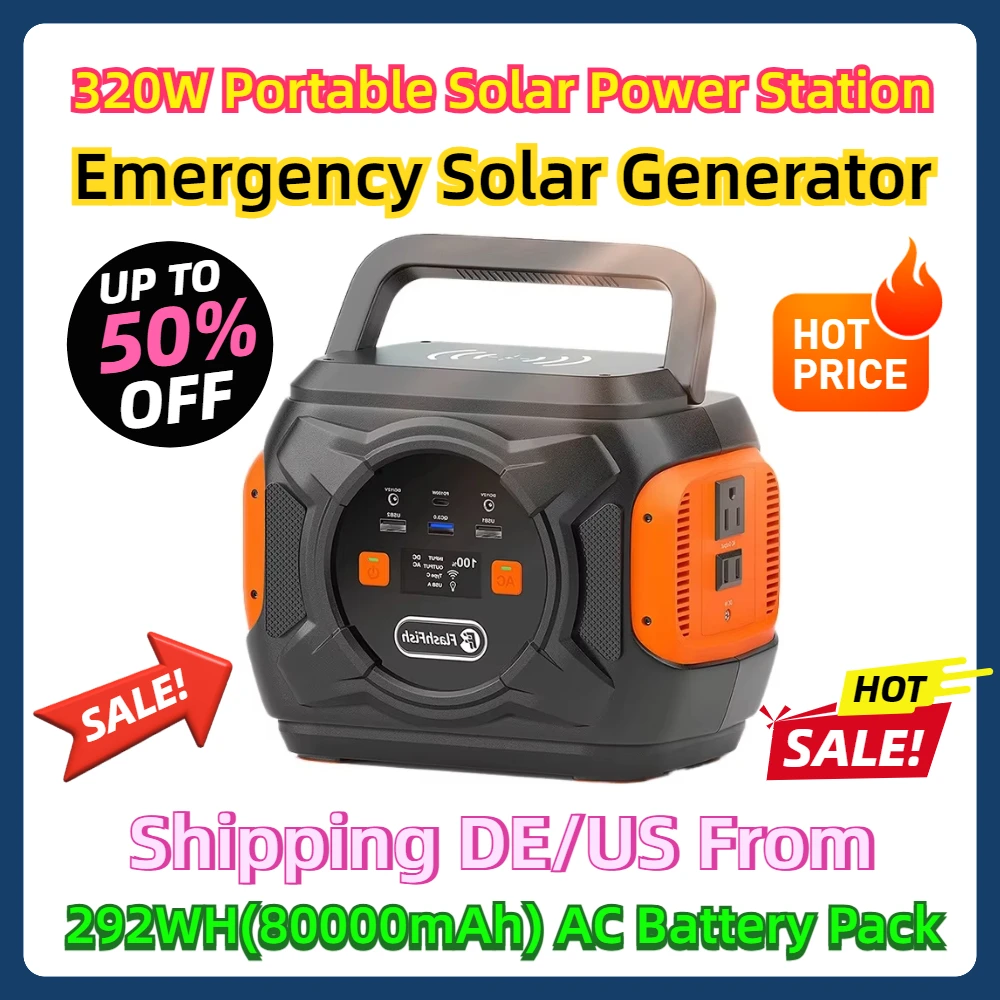 

Portable Solar Power Station 320W Emergency Solar Generator 292WH(80000mAh) AC Battery Pack Charger Power Bank Camping 110V/230V