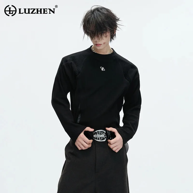 

LUZHEN 2025 металлическая пряжка с логотипом в стиле пэчворк, кожаный дизайн, футболки с длинными рукавами, мужская модная элегантная тонкая одежда с круглым вырезом JY5659