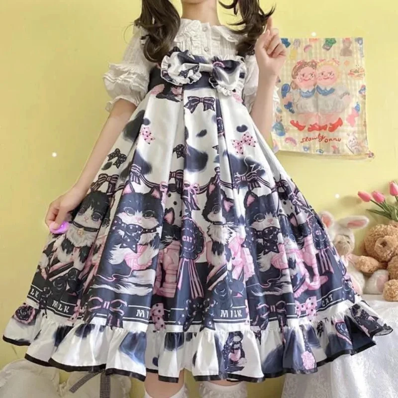 

Милое женское платье в стиле Лолиты, японское платье Femme 2024, Vestidos De Mujer, свободное платье с высокой талией и большим качелей, платье с бантом в стиле аниме, 2025 г.