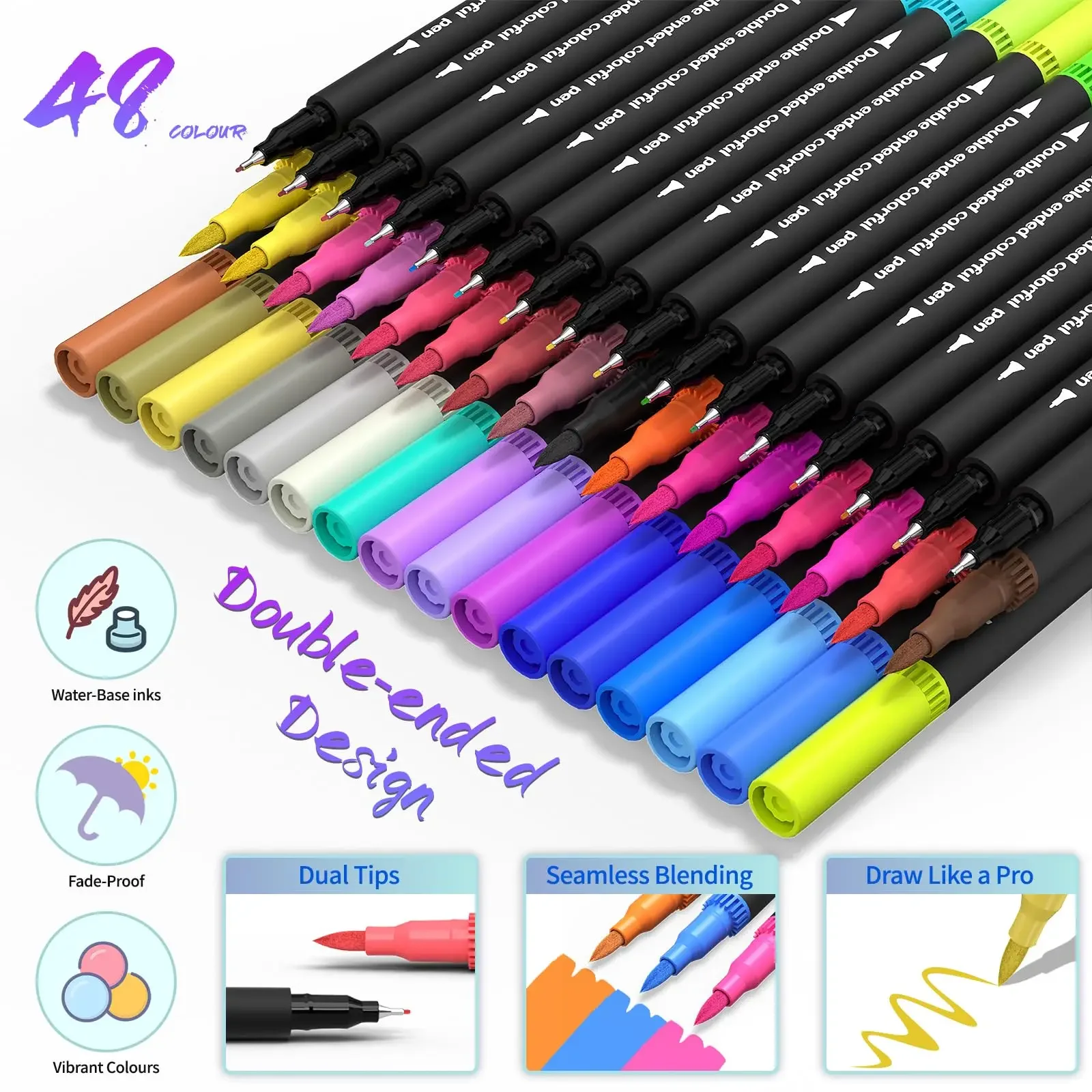 

48Pcs Double Ended Art Marker Set, Fine & Brush Tip Coloring Pens for Artist Drawing Sketching Painting Supplies