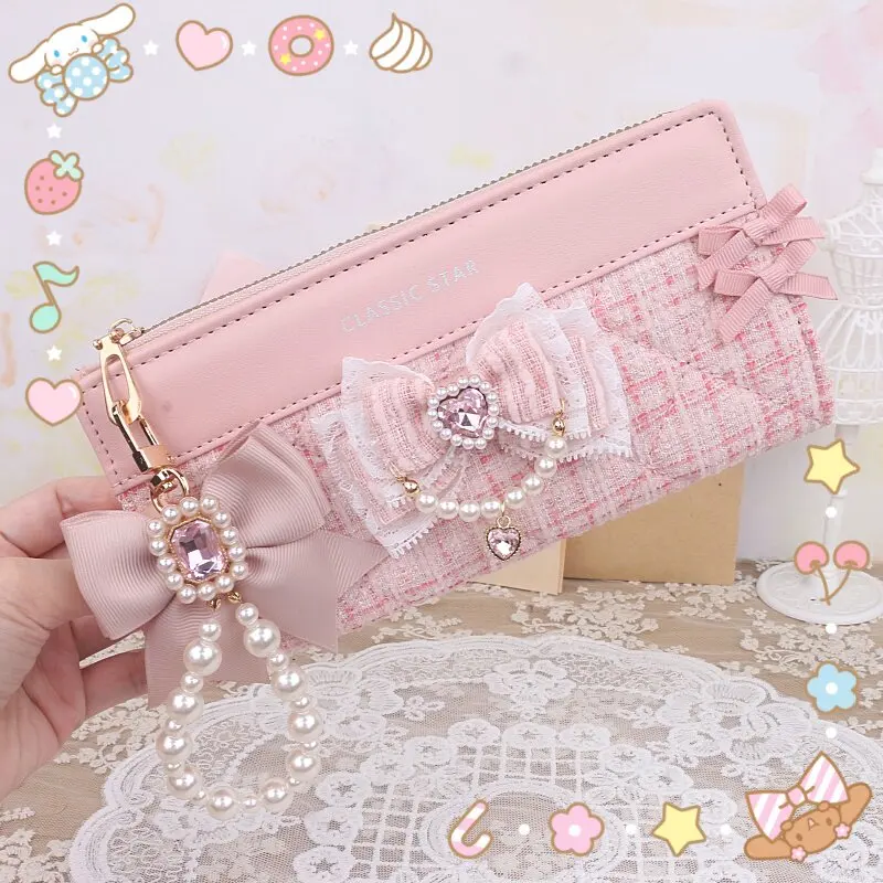 Handmade Hairball Pendant Purse Long Wallet for Ladies Sweet Lady Pearl Beaded Bow Wallets