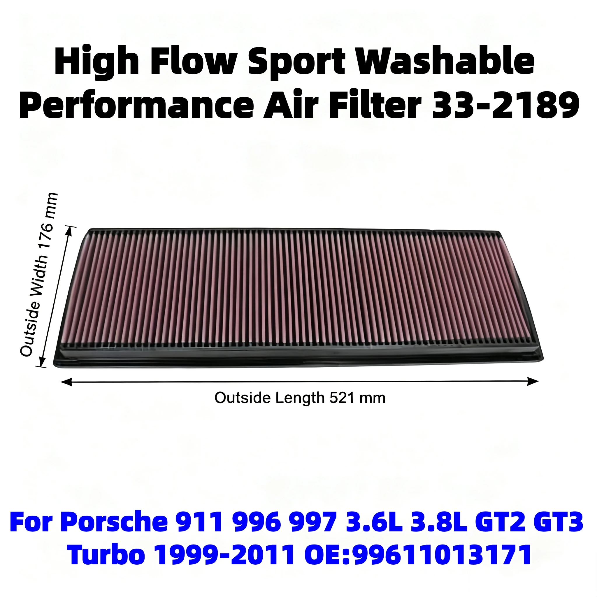 High Flow Sport Washable Performance Air Filter 33-2189 For Porsche 911 996 997 3.6L 3.8L GT2 GT3 Turbo 1999-2011 OE:99611013171