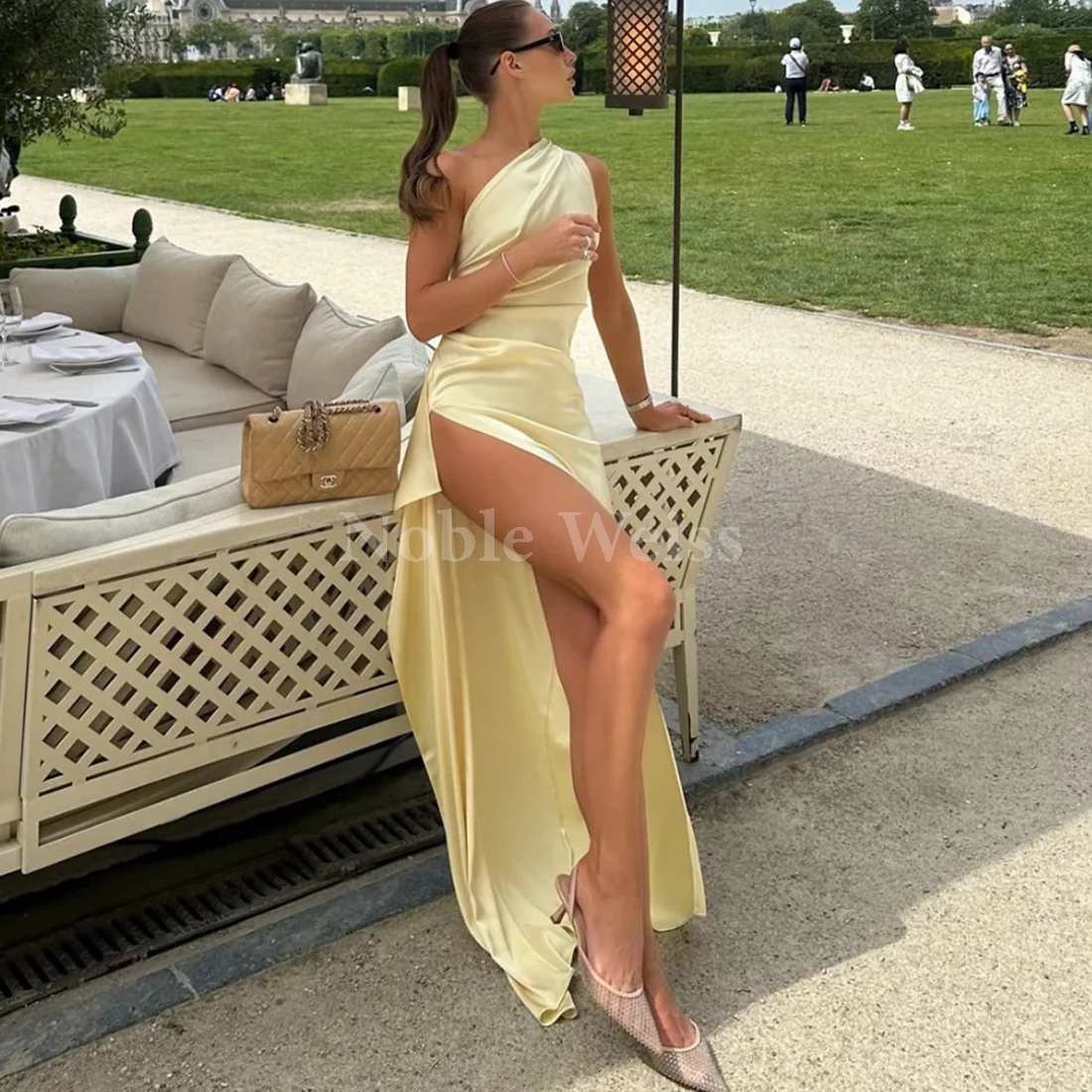 فساتين سهرة من الساتان بكتف واحد على شكل حرف A فساتين حفلات رسمية طويلة مخصصة #1